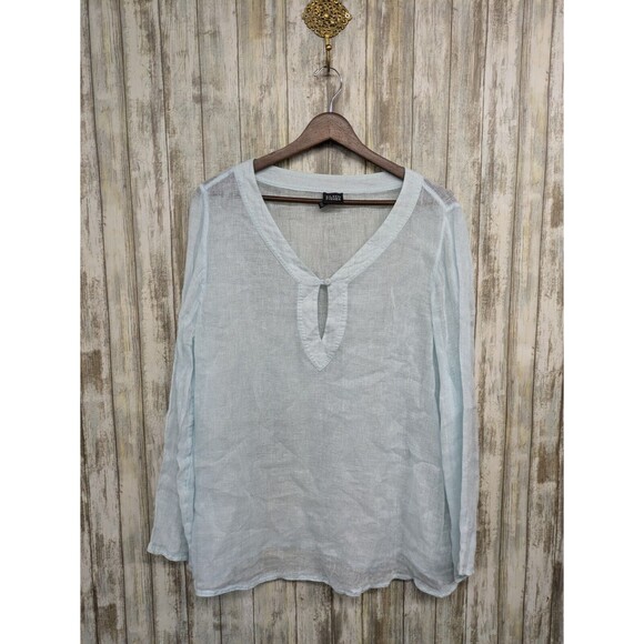 Eileen Fisher Semi Sheer 100% Linen Long Sleeve Top Mint Green Keyhole Large - Picture 1 of 10